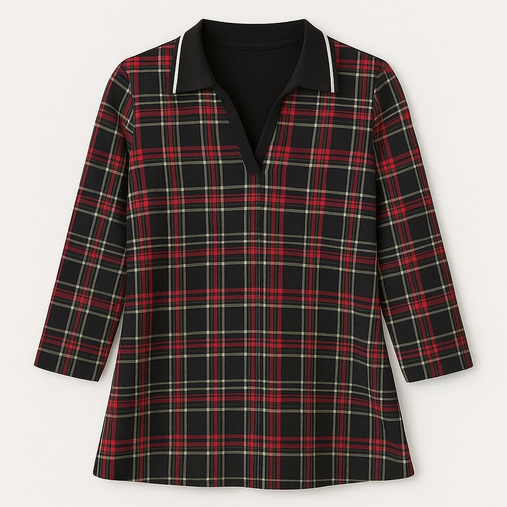 IVY (NWT) Women's Plaid Long Sleeve Polo Shirt - Classic Checkered Print M - Picture 2 of 4